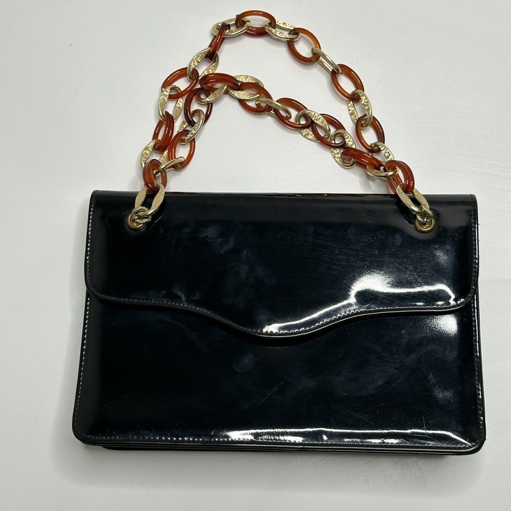 Verdi Womens Chainlink Handle Snap Flap Shoulder Handbag Black Leather Purse USA